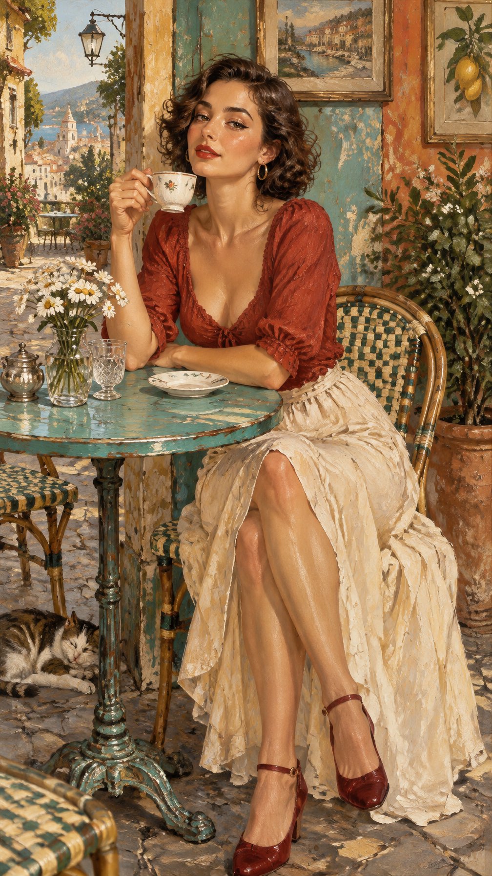 Image inspiration - A beautiful young woman sitting at a small vintage Europe...