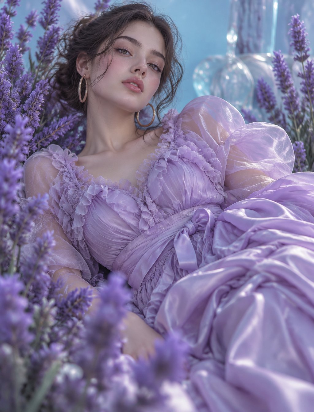 Image inspiration - A young woman reclines among tall purple flower stalks, h...