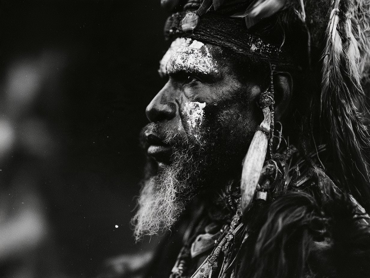 Image inspiration - Asmat chief with white tribal face paint, wearing buffalo...